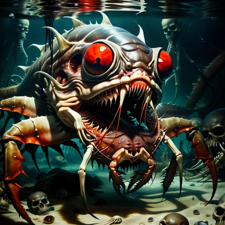 Horror-themed, huge monster piranah, deep sea creature, with crab legs, (huge scorpion tail), under water, glossy eyes, 4 eyes, extremely sharp teeths, attacking at surface, sea bed of skulls and bones, <lora:Detail more XL:2> <lora:EdobHorrorLandscape_XL_v1.0:0.8> EdobHorrorLandscape, <lora:Light Accelerator:0.7>, Eerie, unsettling, dark, spooky, suspenseful, grim, highly detailed