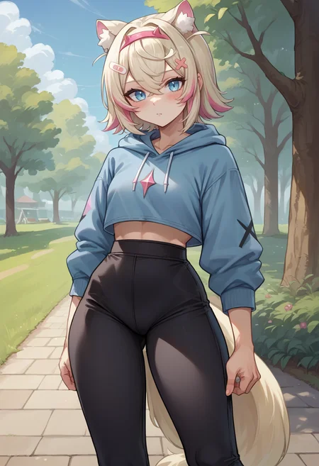 score_9, score_8_up, source_anime, 1girl, solo, MococoAbyssgard, short hair, streaked hair, hairband, hairclip, tail, outdoors, park, blue hoodie, high-waist pants, yoga pants, black pants, light blush, <lora:ChamMococoAbyssgardPonyXL:1.0>