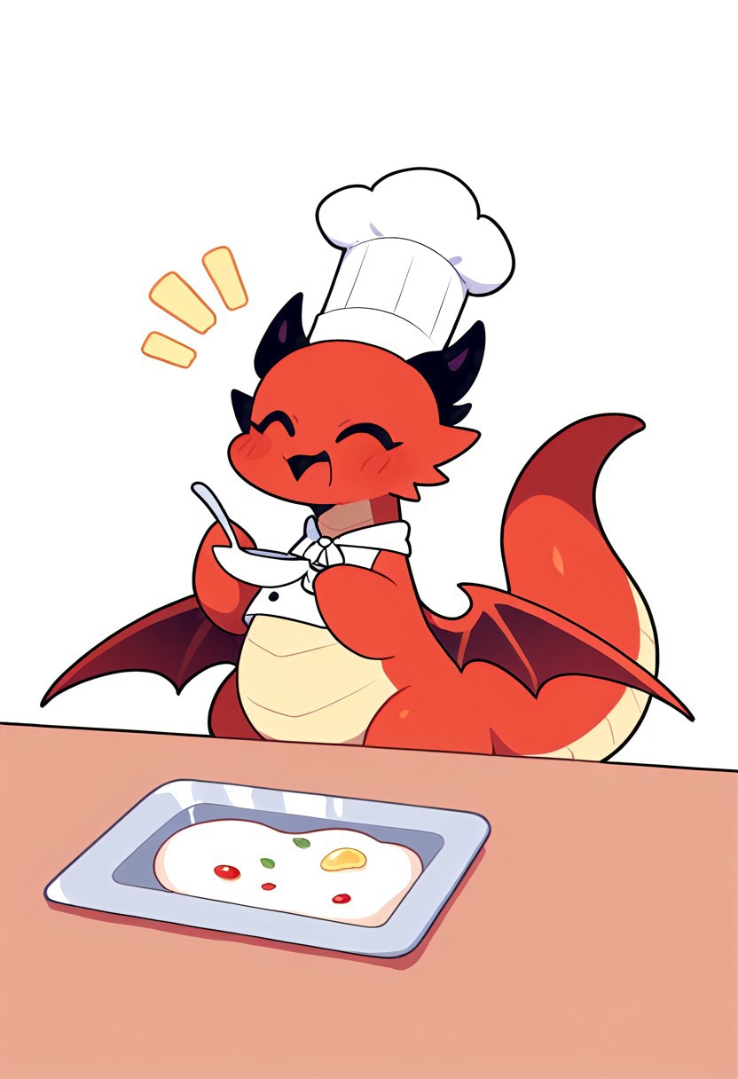 very awa, masterpiece, highres, absurdres, newest, chibi, 1dragon, dragon horns,  big wings, dragon tail,  chef hat, appron, happy, spoon in hand, on a kitchen, CuteCartoonAF, (dragon:1), (cute:1),  no-human