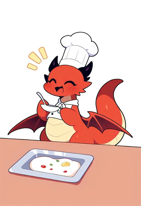 very awa, masterpiece, highres, absurdres, newest, chibi, 1dragon, dragon horns,  big wings, dragon tail,  chef hat, appron, happy, spoon in hand, on a kitchen, CuteCartoonAF, (dragon:1), (cute:1),  no-human
