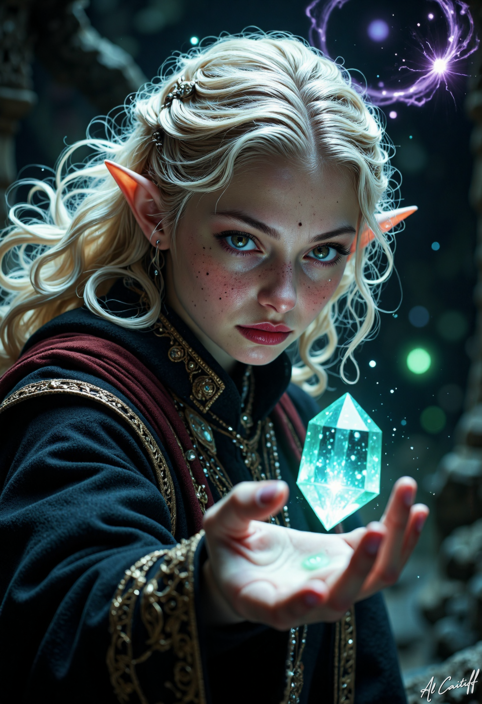 High-angle shot, 28mm fisheye lens with pronounced barrel distortion, intense motion blur on the subject's hair, and a narrow f/4 depth of field. A young elf woman with piercing emerald green eyes, pointed ears, and long, curly platinum blonde hair stares intensely at the viewer. Her skin has a subtle, porcelain-like complexion with a scattering of freckles across her cheeks and nose. She wears a black, high-collared coat with intricate gold trim and a crimson sash draped over her shoulder. Her fingers are outstretched, and a glowing, translucent crystal floats above her palm, surrounded by a halo of soft, blue-green light. Her lips are painted a deep, bold red, and her facial expression is one of intense concentration and mysticism. The background is a dark, swirling vortex of indigo and purple hues, with tendrils of mist curling around the subject's form. The overall aesthetic is one of mystical, otherworldly wonder, with a focus on the subject's ethereal beauty and magical prowess., l1n0c2t<lora:CustomFlux/DynamicCamera.safetensors:0.5000000000000001:0.5000000000000001> <lora:CustomFlux/MysticFantasy.safetensors:0.10000000000000002:0.10000000000000002> <lora:CustomFlux/MysticRealism.safetensors:0.7500000000000001:0.7500000000000001> <lora:Flux/Linocut - s1 g4.safetensors:0.25000000000000006:0.25000000000000006>
