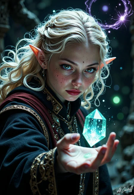 High-angle shot, 28mm fisheye lens with pronounced barrel distortion, intense motion blur on the subject's hair, and a narrow f/4 depth of field. A young elf woman with piercing emerald green eyes, pointed ears, and long, curly platinum blonde hair stares intensely at the viewer. Her skin has a subtle, porcelain-like complexion with a scattering of freckles across her cheeks and nose. She wears a black, high-collared coat with intricate gold trim and a crimson sash draped over her shoulder. Her fingers are outstretched, and a glowing, translucent crystal floats above her palm, surrounded by a halo of soft, blue-green light. Her lips are painted a deep, bold red, and her facial expression is one of intense concentration and mysticism. The background is a dark, swirling vortex of indigo and purple hues, with tendrils of mist curling around the subject's form. The overall aesthetic is one of mystical, otherworldly wonder, with a focus on the subject's ethereal beauty and magical prowess., l1n0c2t<lora:CustomFlux/DynamicCamera.safetensors:0.5000000000000001:0.5000000000000001> <lora:CustomFlux/MysticFantasy.safetensors:0.10000000000000002:0.10000000000000002> <lora:CustomFlux/MysticRealism.safetensors:0.7500000000000001:0.7500000000000001> <lora:Flux/Linocut - s1 g4.safetensors:0.25000000000000006:0.25000000000000006>