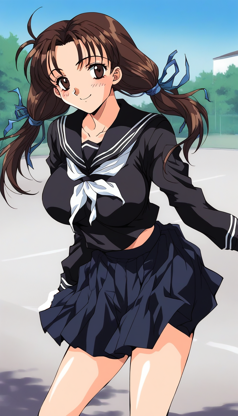score_9, score_8_up, score_7_up, source_anime, rating_explicit, BREAK  <lora:Minegishi_Kyouko_XL:0.9> Minegishi_Kyouko, brown hair, brown eyes, large breasts, long hair, twintails, hair ribbon, blue ribbon,
 1girl, solo,  school uniform, black skirt, blush, black serafuku,  long sleeves,  smile, 
grassland, outdoor, day,
 1990s (style),