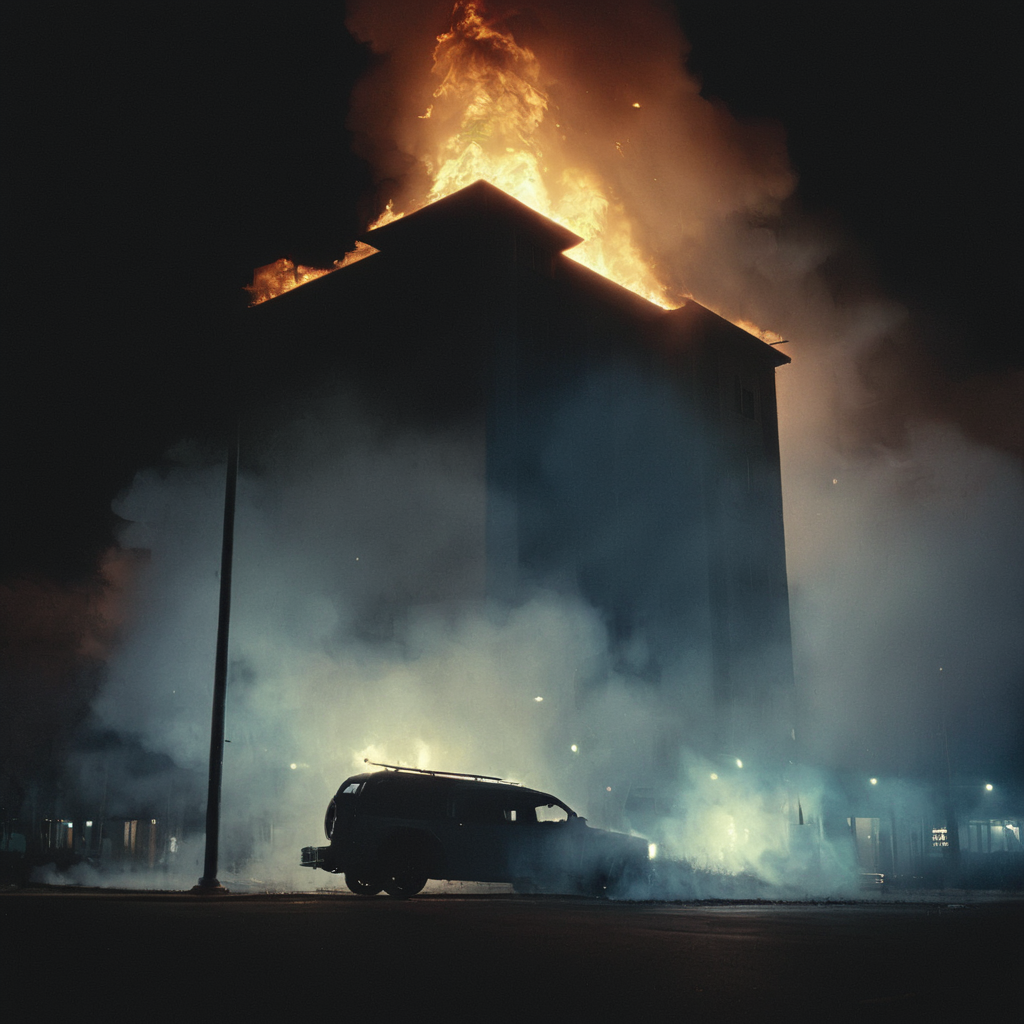 cinematic film still of  <lora:volumetric lighting:1> volumetric lighting style
from below, a fire is raging through a building at night,outdoors,sky,cloud,tree,no humans,fire,ground vehicle,building,scenery,motor vehicle,smoke,sunset,car,road,dark,power lines,lamppost,street , volumetric lighting, haze light, fog light, beam light, covered in shadow, shallow depth of field, vignette, highly detailed, high budget, bokeh, cinemascope, moody, epic, gorgeous, film grain, grainy