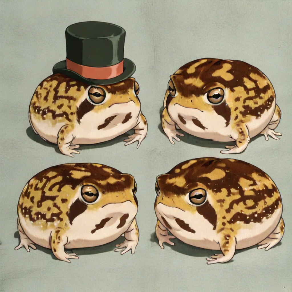 masterpiece, best quality, newest, absurdres, highres, vintage anime, 90s anime, DRFTPFV1.0, frog, desert rain frog, african rain frog, animal, animal Focus, closed mouth, top hat, headwear, hat, no humans, animal focus,