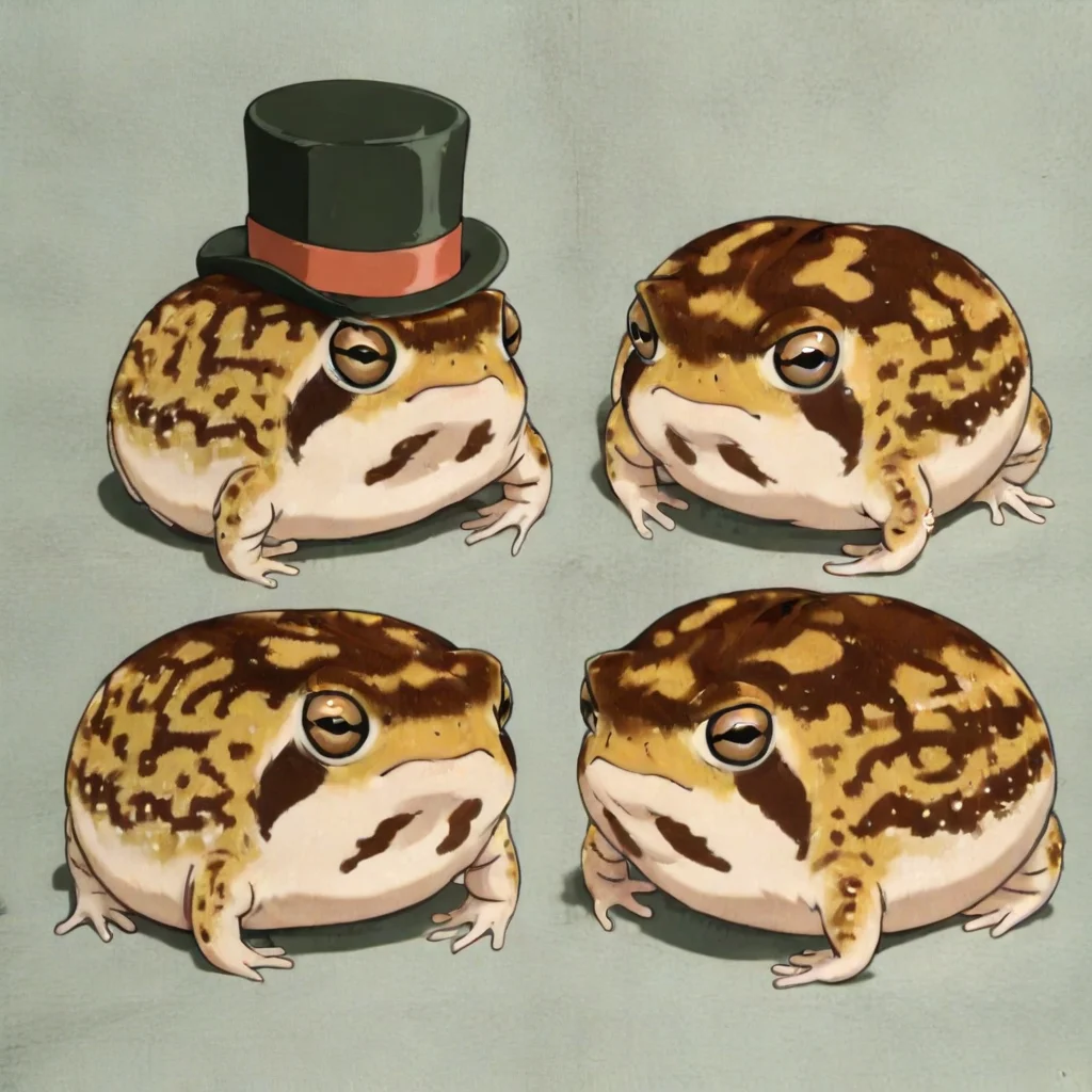 masterpiece, best quality, newest, absurdres, highres, vintage anime, 90s anime, DRFTPFV1.0, frog, desert rain frog, african rain frog, animal, animal Focus, closed mouth, top hat, headwear, hat, no humans, animal focus,
