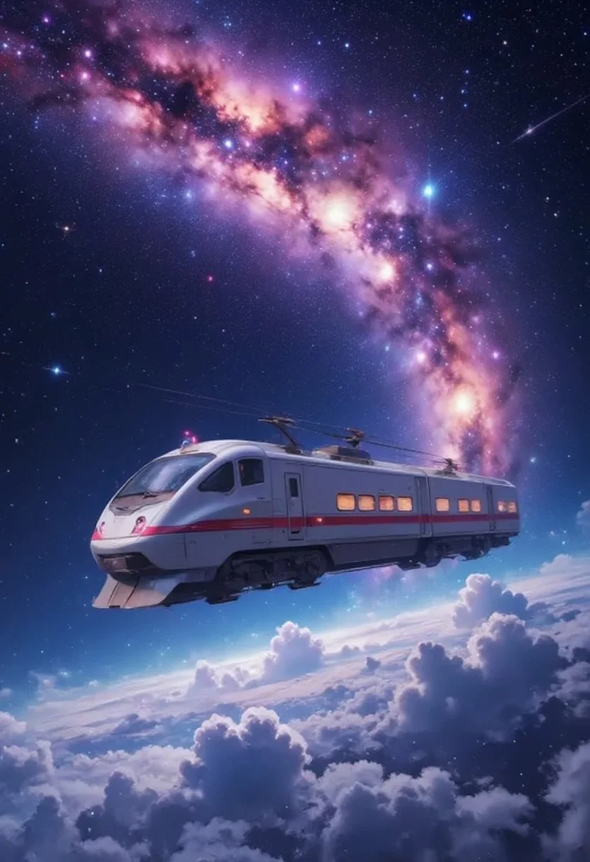 mlkwglx, Milky Way galaxy, stars, This is a highly detailed CGI (computer-generated imagery) rendering depicting a futuristic train flying through a starry night sky. The train is sleek and modern, with a streamlined, aerodynamic design. It has a silver metallic exterior with red and blue accent lines running horizontally along its length. The front of the train features a large, curved windshield and a red light at the center, while the sides have rectangular windows that glow warmly from the interior lighting. The train is suspended mid-flight, with fluffy, white clouds beneath it, creating a sense of weightlessness and wonder. The background is a stunning night sky filled with stars and the Milky Way galaxy, which appears as a bright, glowing band of light across the top of the image. The colors are rich and vibrant, with deep blues and purples blending into the warm orange hues of the galaxy. The clouds below the train are soft and fluffy, adding to the ethereal atmosphere of the scene. The overall composition is dynamic and futuristic, combining elements of science fiction and high-tech design with the natural beauty of the night sky.