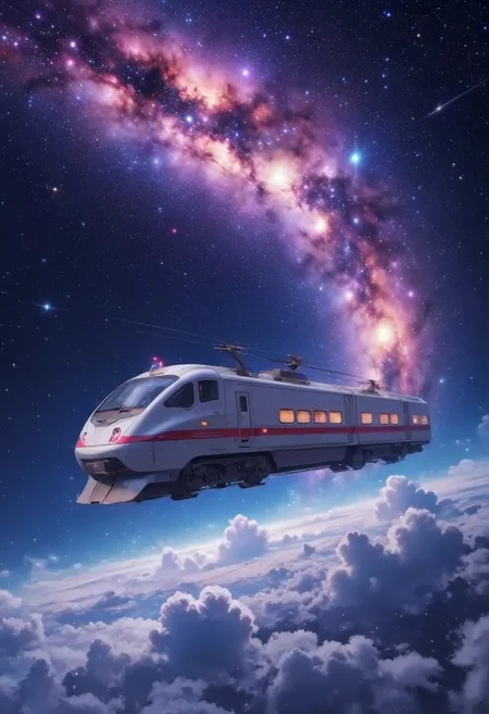 mlkwglx, Milky Way galaxy, stars, This is a highly detailed CGI (computer-generated imagery) rendering depicting a futuristic train flying through a starry night sky. The train is sleek and modern, with a streamlined, aerodynamic design. It has a silver metallic exterior with red and blue accent lines running horizontally along its length. The front of the train features a large, curved windshield and a red light at the center, while the sides have rectangular windows that glow warmly from the interior lighting. The train is suspended mid-flight, with fluffy, white clouds beneath it, creating a sense of weightlessness and wonder. The background is a stunning night sky filled with stars and the Milky Way galaxy, which appears as a bright, glowing band of light across the top of the image. The colors are rich and vibrant, with deep blues and purples blending into the warm orange hues of the galaxy. The clouds below the train are soft and fluffy, adding to the ethereal atmosphere of the scene. The overall composition is dynamic and futuristic, combining elements of science fiction and high-tech design with the natural beauty of the night sky.