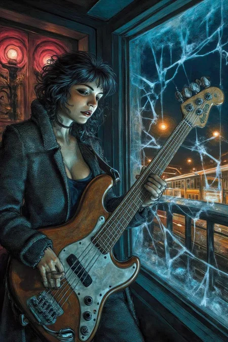 juangimenez1 illustration.
A Russian woman playing bass guitar, her figure reflected in warped shop windows that fracture Moscow's neon-lit avenues into cubist shards. Soviet avant-garde meets cinematic realism--deep burgundy stage lights gild her cheekbones while cobalt street glare etches geometric shadows across a weathered Fender. Frost feathers the glass like lace, framing her silhouette between rippling instrument curves and ghostly Cyrillic graffiti. A wool coat slips off one shoulder as she bows, breath misting the pane where her reflection blurs into the amber glow of passing trams.
<lora:juangimenez1_cap_d8a4e12:1.0><lora:857672179351852263:0>