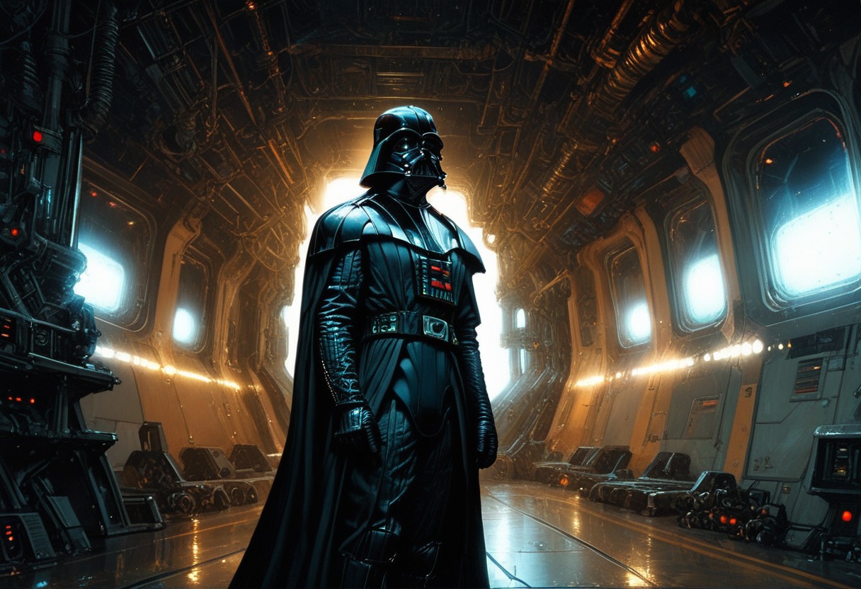 score_9, score_8_up, score_7_up, vader, dystopian, sci-fi, space ship interior, volumetric lighting, standing in corridor, , hands behind back, looking at viewer