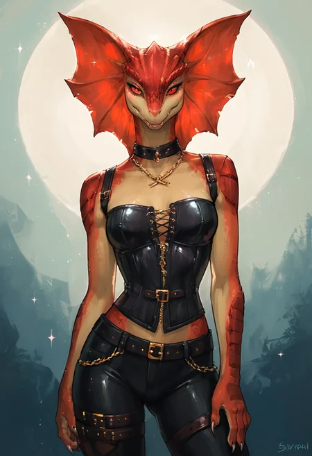 score_9, score_8_up, score_7_up, rating_explicit, source_furry, 1e2, ExpressiveH, solo, Divinity: Original Sin 2, Lizard, cyan scales, anthro, scalie, red eyes, eye shadow, jewelry, gold chain, 1girl, leather pants, straps, teasing expression, looking at viewer, opening corset, sparkles, g0thicPXL, glowing, neon
<lora:Expressive_H:0.5> <lora:add-detail-xl:1> <lora:xl_more_art-full_v1:1> <lora:Lizard_female_from_divinity_original_sin:1> <lora:1e2_r1:0.5>  <lora:g0th1cPXL:1>