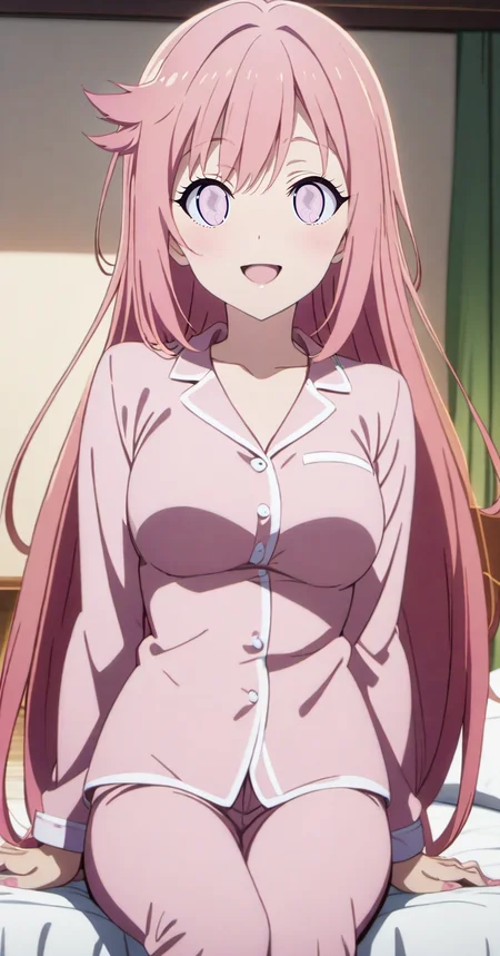 ailand,priscadys,1girl, solo,pink hair, ((pink eyes)), long hair, breasts, bangs, medium breasts, very long hair, <loractl:priscadys_v1_33:.8,0@.6> , hair flaps, breasts,looking at viewer, blush,smile,smile,:D,anime,anime coloring,anime_keyvisual <lora:ailand_style_v2:0.8> ,indoors,on_bed,sitting,pajamas,upper body,