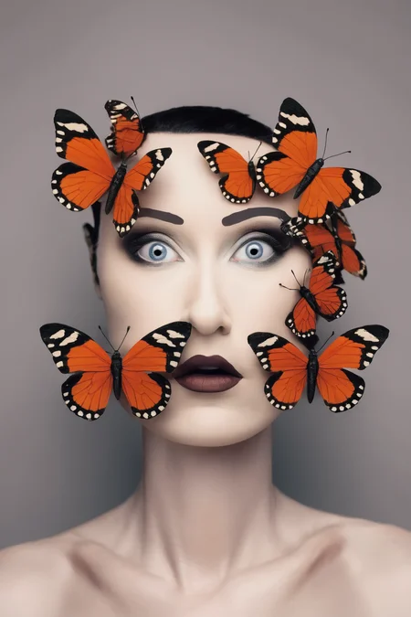 <lora:Photographer Flora Borsi Style:1>Photographer Flora Borsi Style - a woman with a lot of butterflies on her head is posing for a picture