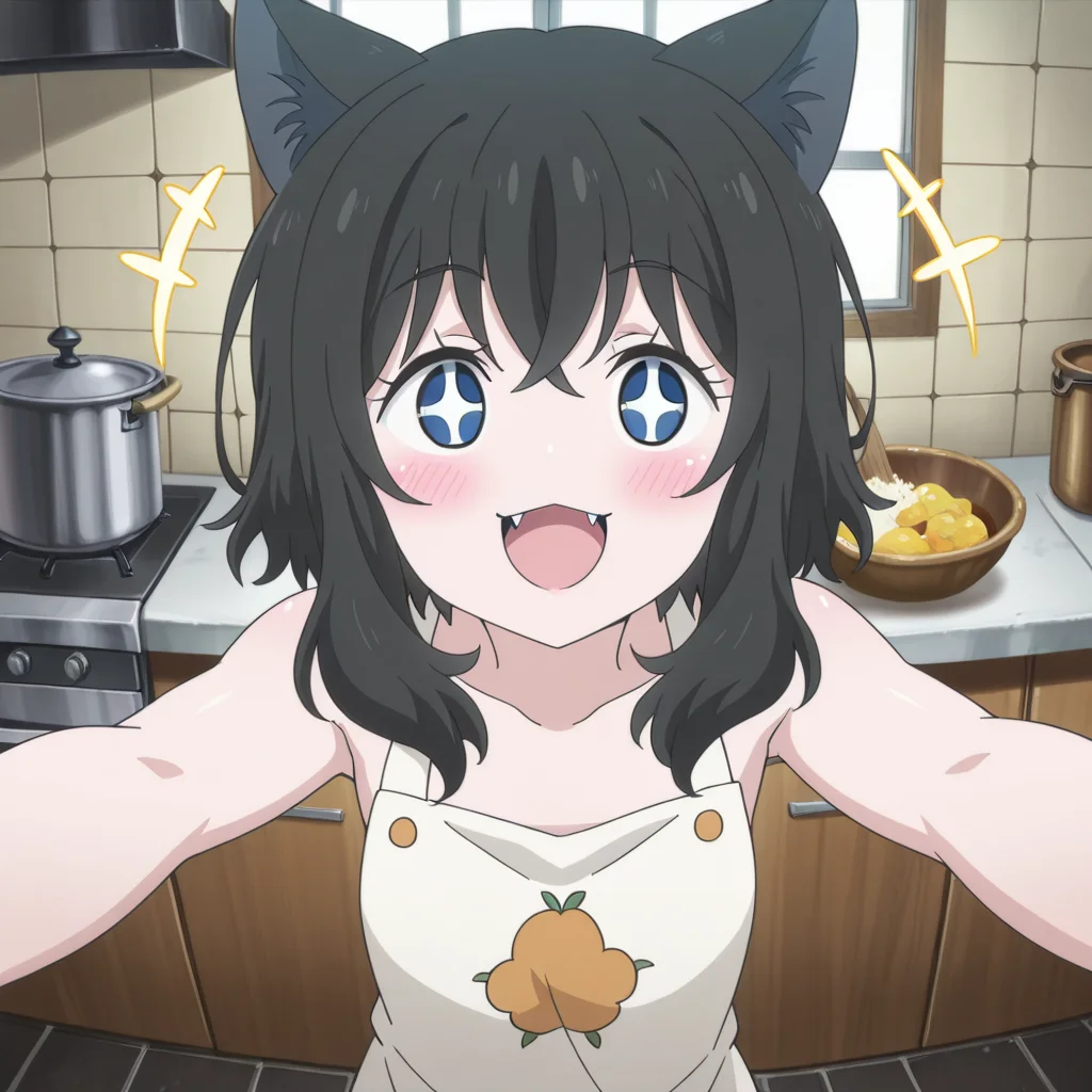 nsfw, masterpiece,best quality,amazing quality,1girl, solo, reincarnated_as_a_sword_fran, black hair, animal ears, fangs, cat ears, + +, blue eyes, open mouth, blush, smile, kitchen,<lora:Fran_-_Reincarnated_as_a_Sword:0.7>