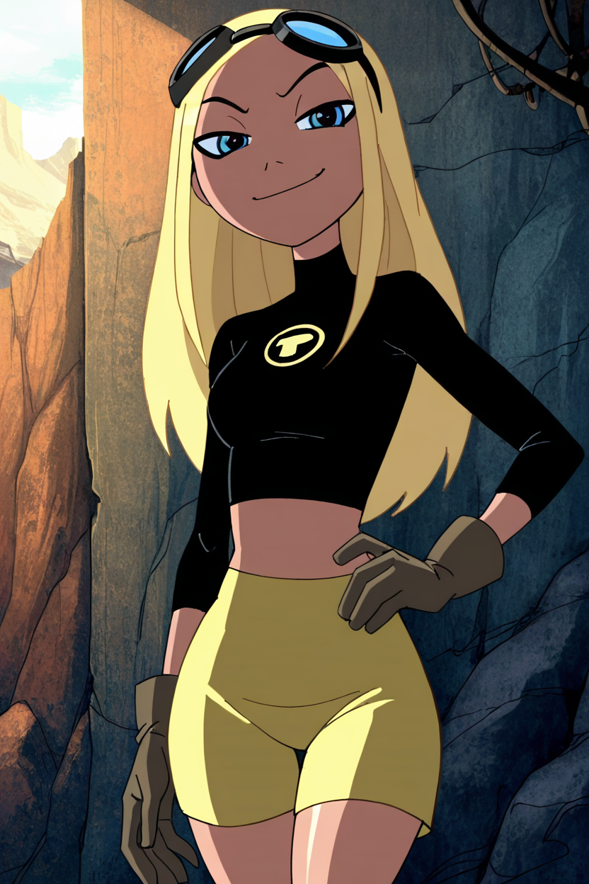 masterpiece, best quality, solo, curvy, beautiful eyes,zzTerra, blue eyes, blonde hair, long hair,  gloves, goggles, yellow shorts, black shirt, midriff,   <lora:TerraTitansIXL:1.0>, cowboy shot, hand on hip, smug, smile, looking at viewer, shiny skin,