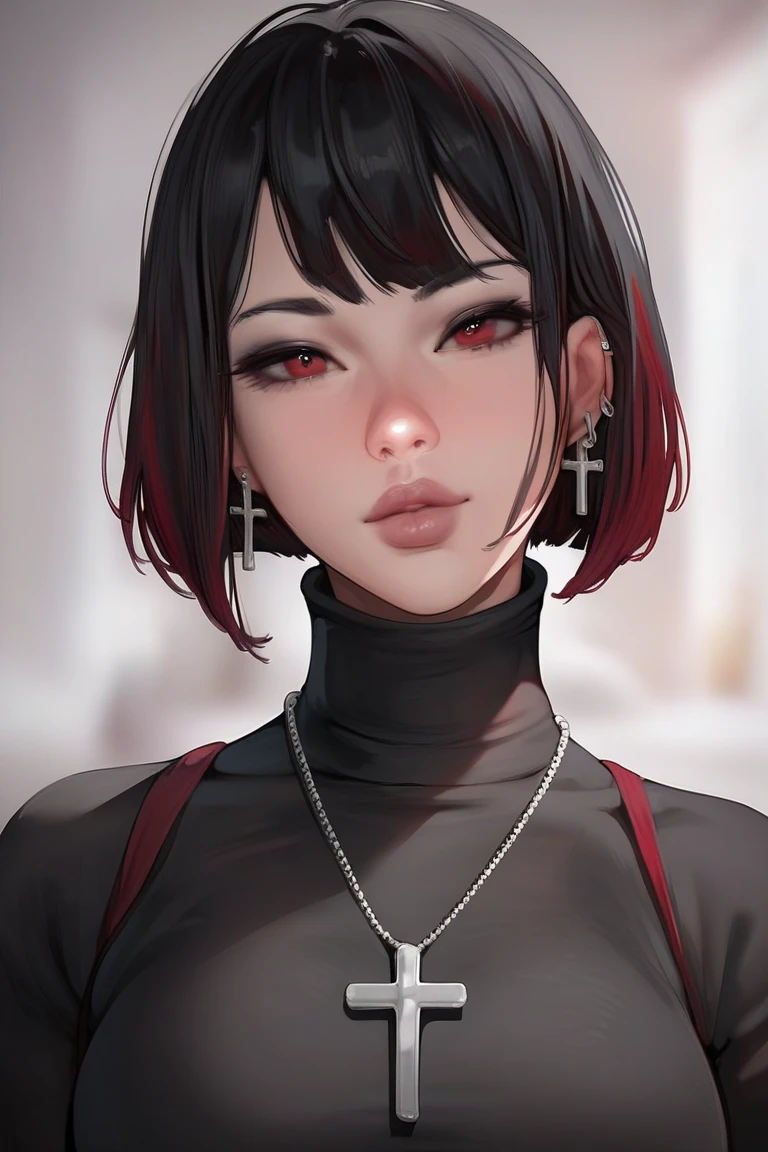 score_9, score_8_up, score_7_up, 1girl, solo, short hair, black hair, jewelry, looking at viewer, necklace, cross, portrait, bangs, red eyes, closed mouth, turtleneck, blurry background, cross necklace, lips, piercing, blurry, bob cut, eyelashes