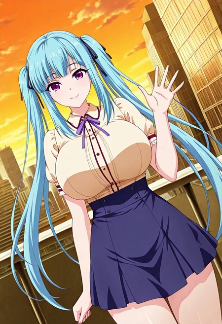 general,highres, ultra-detailed,very aesthetic,best quality ,best hands,best eyes,easynegative,
dynamic anglre, dutch angle, anime cloring,
1girl solo,looking at viewer,city,smile,waving hand,
Miyu Takamine,light blue hair,long hair,twintails,hair ribbon,huge breasts,purple eyes,shirt,skirt,