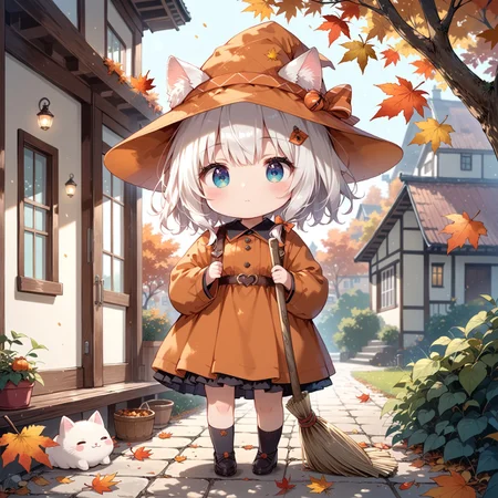 score_9, score_8_up, score_7_up, source_anime, 1girl,(ultra HD quality details), anime, slightly chibi, cute cat girl, cute hat, sweeping leaves with a broom, exhausted, exhaling, giant pile of leaves, (detailed image, high resolution, 5k resolution:1.0), Expressiveh, warm lighting, autumn, veranda