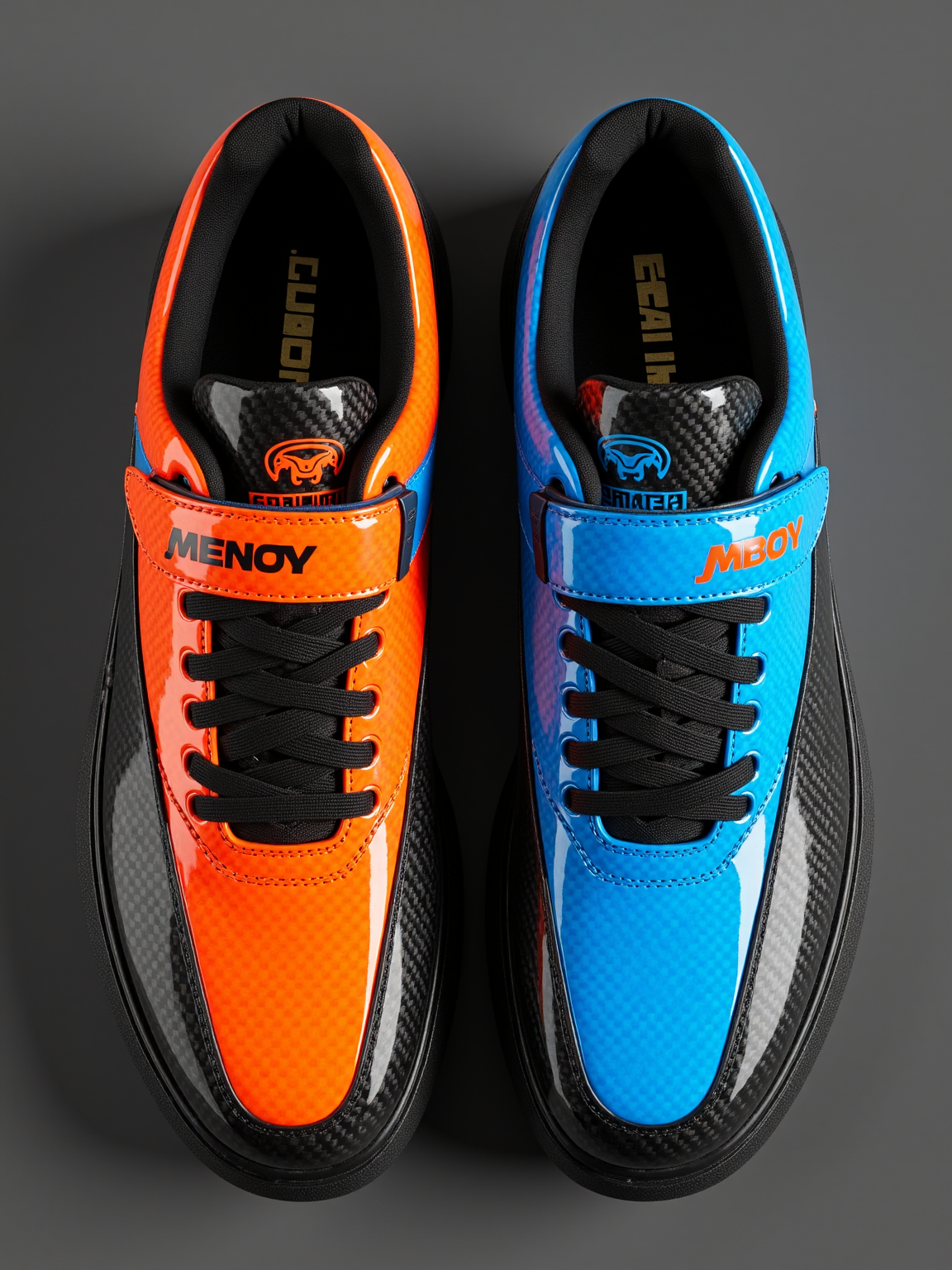 A pair of stylized cyberpunk sneakers with dual-tone orange and blue carbon fiber panels, shot from ground-level.



carbonfibermk.1

