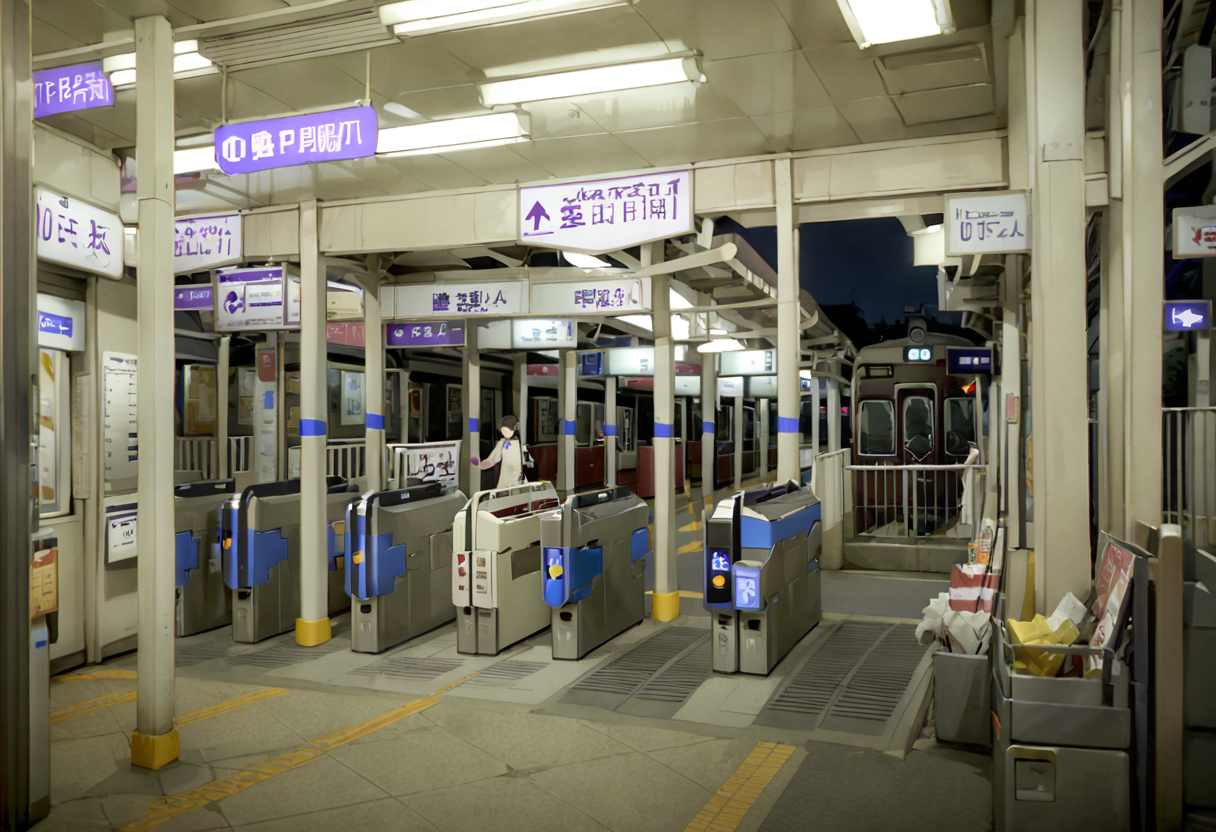 masterpiece, best quality, very aesthetic, absurdres,
kaisatsu, koyoenst, train station, scenery, shop, sign, trash can, automatic ticket gate, scenery, night, ceiling light, ceiling, 
<lora:kouyouen_st_SDXL_V1:1> <lora:sd_xl_offset_example-lora_1.0:0.5>