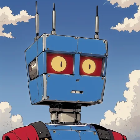 <lora:Retro_Anime_Flat_ColorsSDXL:1> ArsMJStyle, Retro Anime Flat Colors, The image is an illustration of a robot with a blue body and a red cape. The robot has a square head with two antennas on top and two round eyes in the center. The eyes are yellow and appear to be glowing. The background is a light blue sky with white clouds. The overall style of the illustration is cartoon-like and the robot appears to be standing in front of a blue sky., robot, sky, solo, cloud, mecha, 1boy, jacket, no humans, yellow eyes, red jacket
