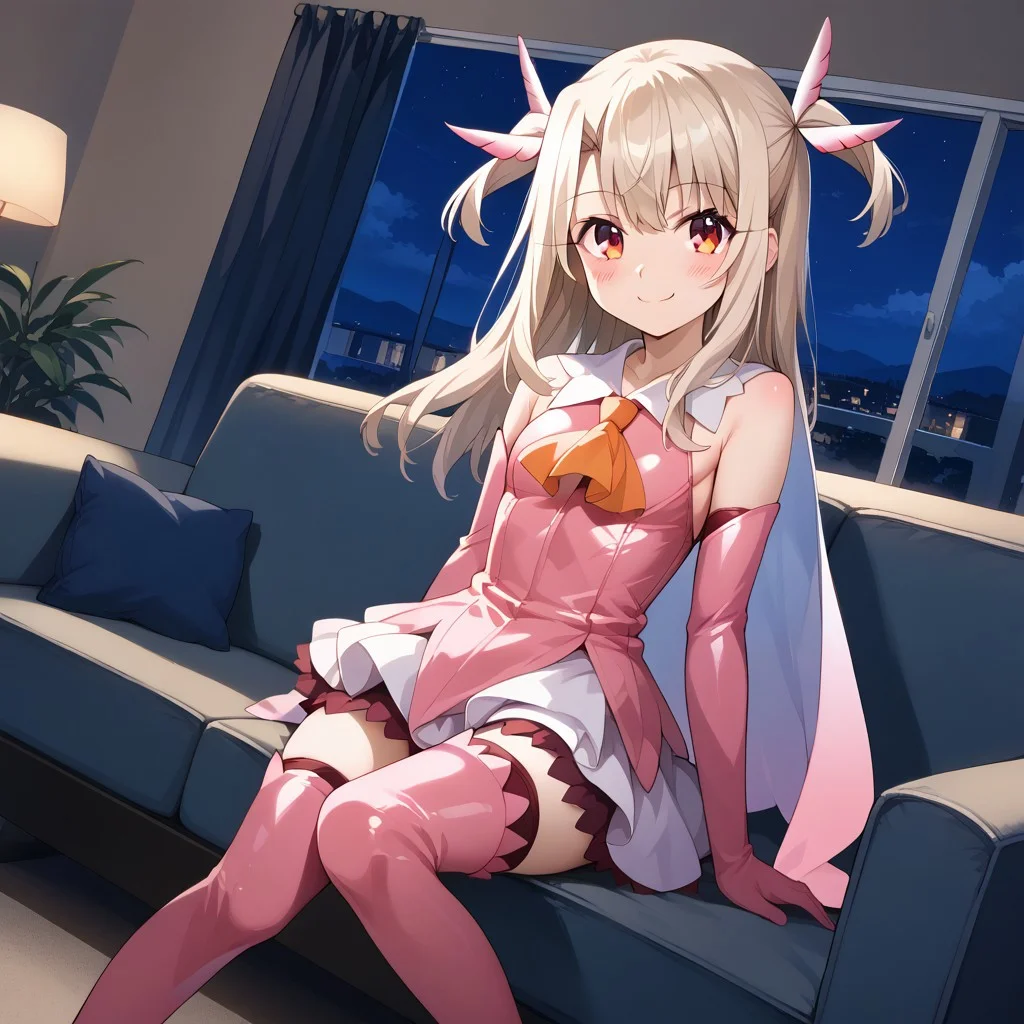 masterpiece, best quality, score_9, score_8_up, score_7_up, full body, 1 girl, looking at viewer, cowboy shot, dutch angle, indoors, sitting on couch, living room, night, blush, smile, aaillya, long hair, blonde hair, two side up, hair ornament, red eyes, bare shoulders, latex magical girl, cape, orange ascot, pink latex shirt, sleeveless, detached latex sleeves, white latex gloves, white latex skirt, pink latex thighhighs, pink latex boots, flat boots,