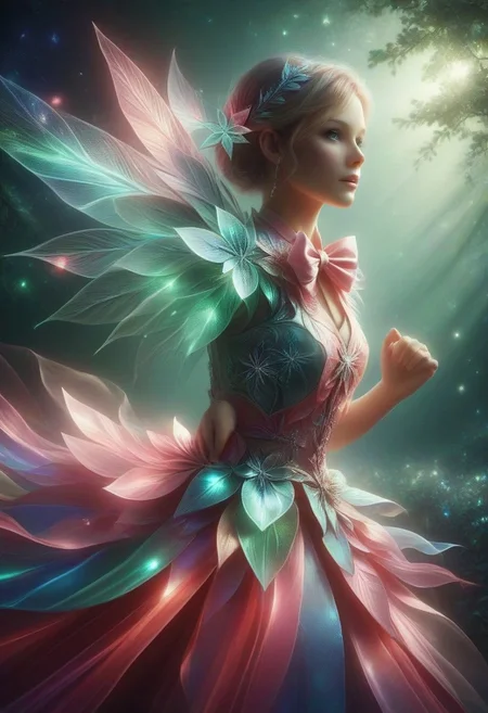 a tree that glows with bright blue and cyan light. the trunk and branches are black, and the leaves made out of iridescent flower petals . the tree has a dark background around it, highlighting its luminous glow. at the bottom of the tree you can see the roots, which also glow. this image creates a fantastic and magical atmosphere.masterpiece, best_quality, rhein_kraft (umamusume), 1girl, horse ears, horse tail, open mouth, looking at viewer, smile, red bowtie, pink cropped jacket, white dress, red vest, red wrist cuffs, short sleeves, pointing, star hair ornament, break
green wristband, green armband, white star in eye, low back green ribbon
blue sky, sun, cowboy shot, light rays, lens flare, light particles, beautiful detailed eyes, dynamic pose, dynamic angle