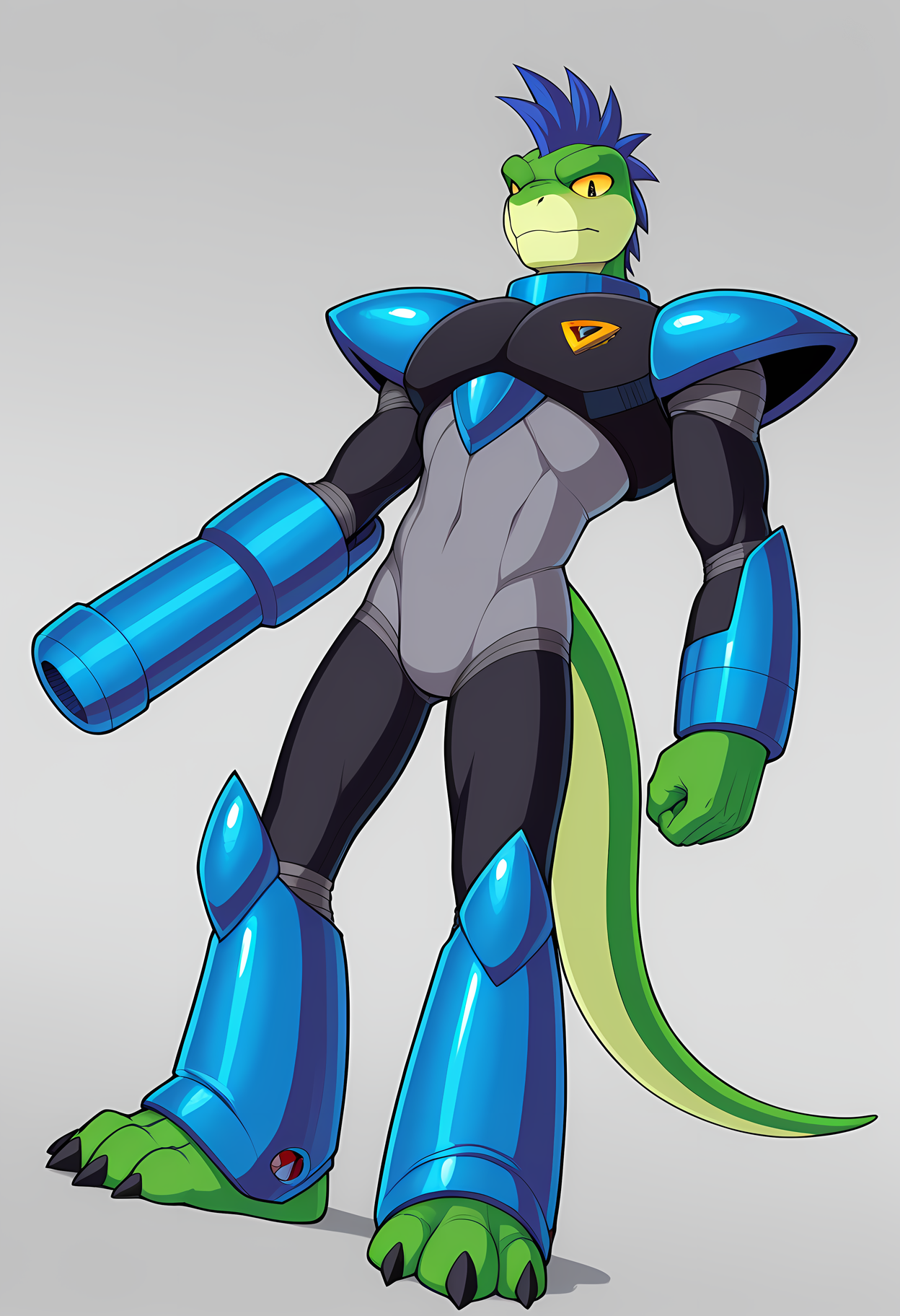 masterpiece, best quality, amazing quality, dutch angle, abstract background, BREAK
robotmaster, black armor, android, helmet,  BREAK
1boy, solo, male focus, scalie, lizard, sc1r0cc0, blue metal mohawk, yellow sclera, arm cannon, tail, BREAK
<lora:cfg_scale_boost:.6> <lora:Robot_Master_-_Mega_Man_-_ILXL:1.0> <lora:Scirocco_Sasazaki_-_ILXL:.6>