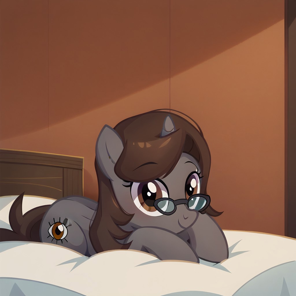 masterpiece, perfect detail, best high quality, source_pony, show accurate, cute, 1girl, solo, female, oc:sonata, glasses, pony, full body, butt, tail, laying on stomach, laying on bed, bed, bedroom, smile, closed mouth, beautiful, looking at viewer, score_9, score_8_up, score_7_up, score_6_up, score_5_up, score_4_up