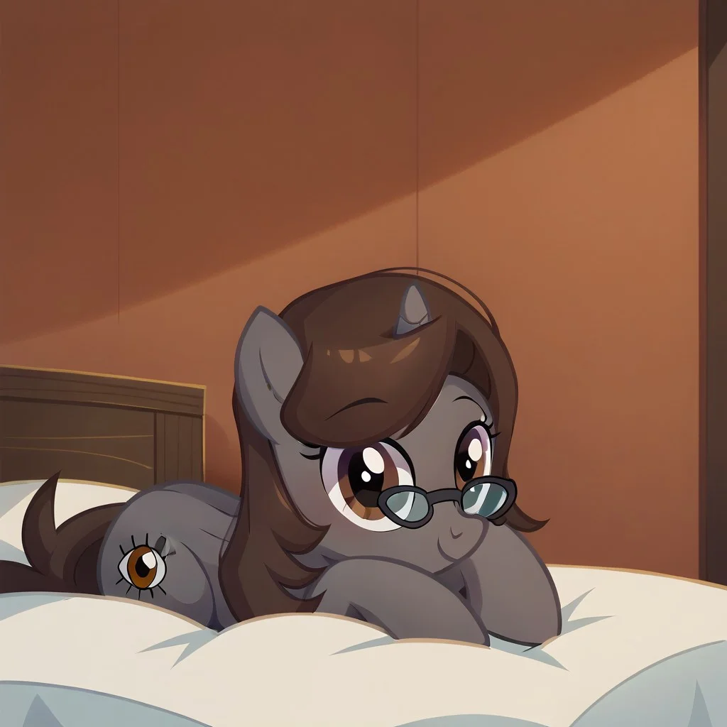 masterpiece, perfect detail, best high quality, source_pony, show accurate, cute, 1girl, solo, female, oc:sonata, glasses, pony, full body, butt, tail, laying on stomach, laying on bed, bed, bedroom, smile, closed mouth, beautiful, looking at viewer, score_9, score_8_up, score_7_up, score_6_up, score_5_up, score_4_up