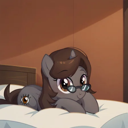 masterpiece, perfect detail, best high quality, source_pony, show accurate, cute, 1girl, solo, female, oc:sonata, glasses, pony, full body, butt, tail, laying on stomach, laying on bed, bed, bedroom, smile, closed mouth, beautiful, looking at viewer, score_9, score_8_up, score_7_up, score_6_up, score_5_up, score_4_up