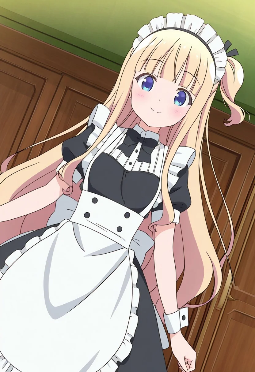 general,highres, ultra-detailed,very aesthetic,best quality ,best hands,best eyes,easynegative,
dynamic angle, dutch angle, anime cloring,anime screencap,
1girl solo,looking at viewer,indoors,smile,standing,
Mayuki HIIRAGI,blonde hair,blue eyes,small breasts,short body,very long hair,short side ponytail,maid headdress,maid costume,