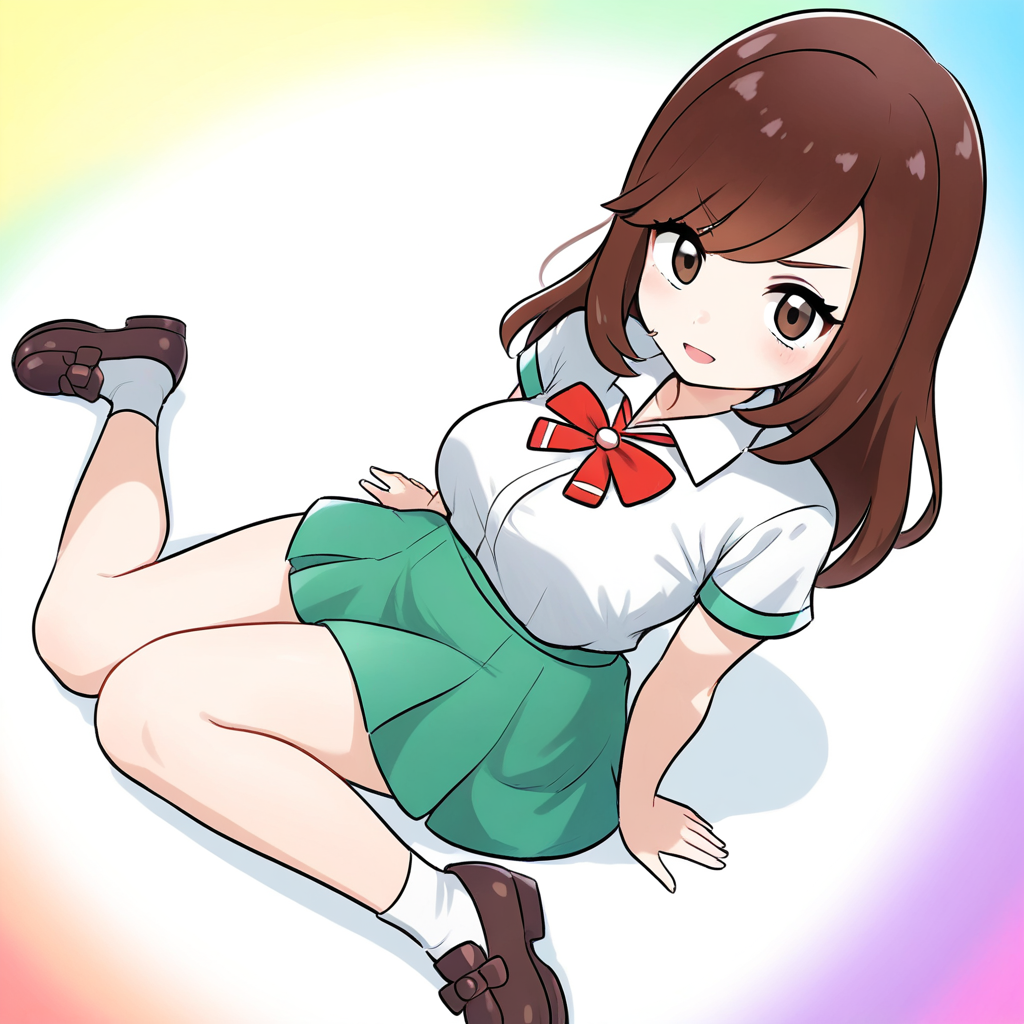 2d, masterpiece, best quality, amazing quality, highres, absurdres, newest, 1girl, solo, sitting, yokozuwari, from above, dutch angle, looking at viewer, multicolored background, simple background, colorful background, medium breasts, lasslgpe, lass \(pokemon lgpe\), brown eyes, brown hair, long hair, bangs, white shirt, collared shirt, short sleeves, red bowtie, green skirt, pleated skirt, miniskirt, white socks, ankle socks, loafers, brown footwear