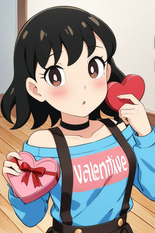 1girl,jz_001,solo,shirt,clothes writing,blue shirt,holding,brown eyes,box,looking at viewer,blush,off shoulder,bare shoulders,off-shoulder shirt,long sleeves,skirt,choker,suspenders,holding gift,valentine,heart-shaped box,gift,brown skirt,heart,suspender skirt,wooden floor,collarbone,breasts,black choker,gift box,english text,hands up,upper body,<lora:JZ_001:1>,, masterpiece, best quality, very aesthetic, absurdres