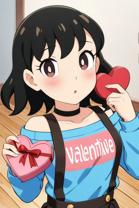 1girl,jz_001,solo,shirt,clothes writing,blue shirt,holding,brown eyes,box,looking at viewer,blush,off shoulder,bare shoulders,off-shoulder shirt,long sleeves,skirt,choker,suspenders,holding gift,valentine,heart-shaped box,gift,brown skirt,heart,suspender skirt,wooden floor,collarbone,breasts,black choker,gift box,english text,hands up,upper body,<lora:JZ_001:1>,, masterpiece, best quality, very aesthetic, absurdres
