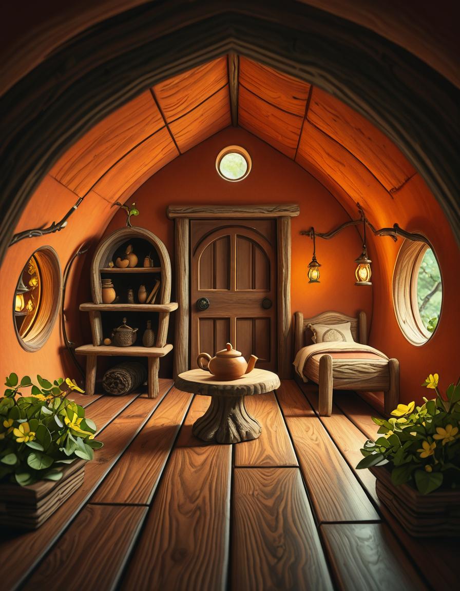 A highly detailed, realistic photograph of a tiny gnome house nestled at the base of an ancient oak tree, taken in soft morning light with a gentle mist hanging in the air. The house is crafted from natural materials: smooth stones form the lower walls, and curved wooden planks create a round, thatched roof with patches of moss and small wildflowers growing on top. Tiny circular windows with stained glass panels glow faintly from within, casting warm amber and green hues. A miniature wooden door with intricate carvings sits slightly ajar, surrounded by tiny lanterns that hang from delicate hooks, each softly glowing. Around the house, the forest floor is covered in dew-kissed clover, mushrooms of varying sizes and colors, and winding little cobblestone paths. In the background, tall ferns and oversized leaves tower, giving the scene an enchanted, hidden feel. Subtle rays of sunlight break through the canopy above, highlighting fine details with a dreamy, ethereal atmosphere. Hyper-realistic style, high-resolution, rich earthy tones, with an overall cozy and magical woodland vibe. No creatures or people, only nature and the charming architecture of the gnome's home.
<lora:SDXLFaeTastic2400:0.4> <lora:extremely_detailed:0.4> extremely detailed, <lora:tiny_gnome_h0us3-i:1>,tiny gnome h0us3, Masterpiece,best quality,hi res,8k,hi res,8k,award winning,(sharp focus, intricate, highly detailed),