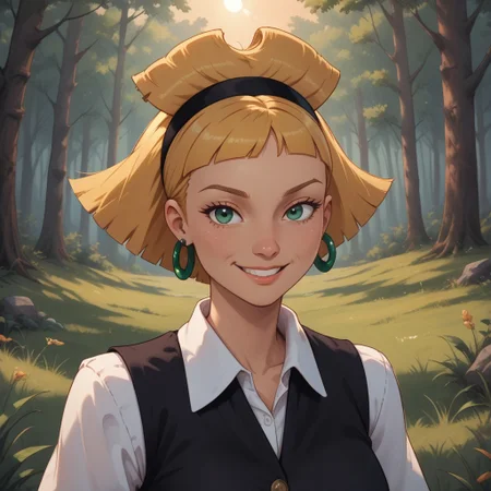 score_9, score_8, BREAK, solo, Olga_Pataki_(Hey_Arnold), blonde hair, bobbed flip hairstyle, black headband, midriff-baring white long-sleeved shirt with a black vest over it, green plaid skirt, emerald hoop earrings, brown boots, white knee socks, self portrait, smile, looking at viewer, outdoors, sunlight, shadows, evening lighting, natural lighting, forest, trees, grass, orange sky, sunset