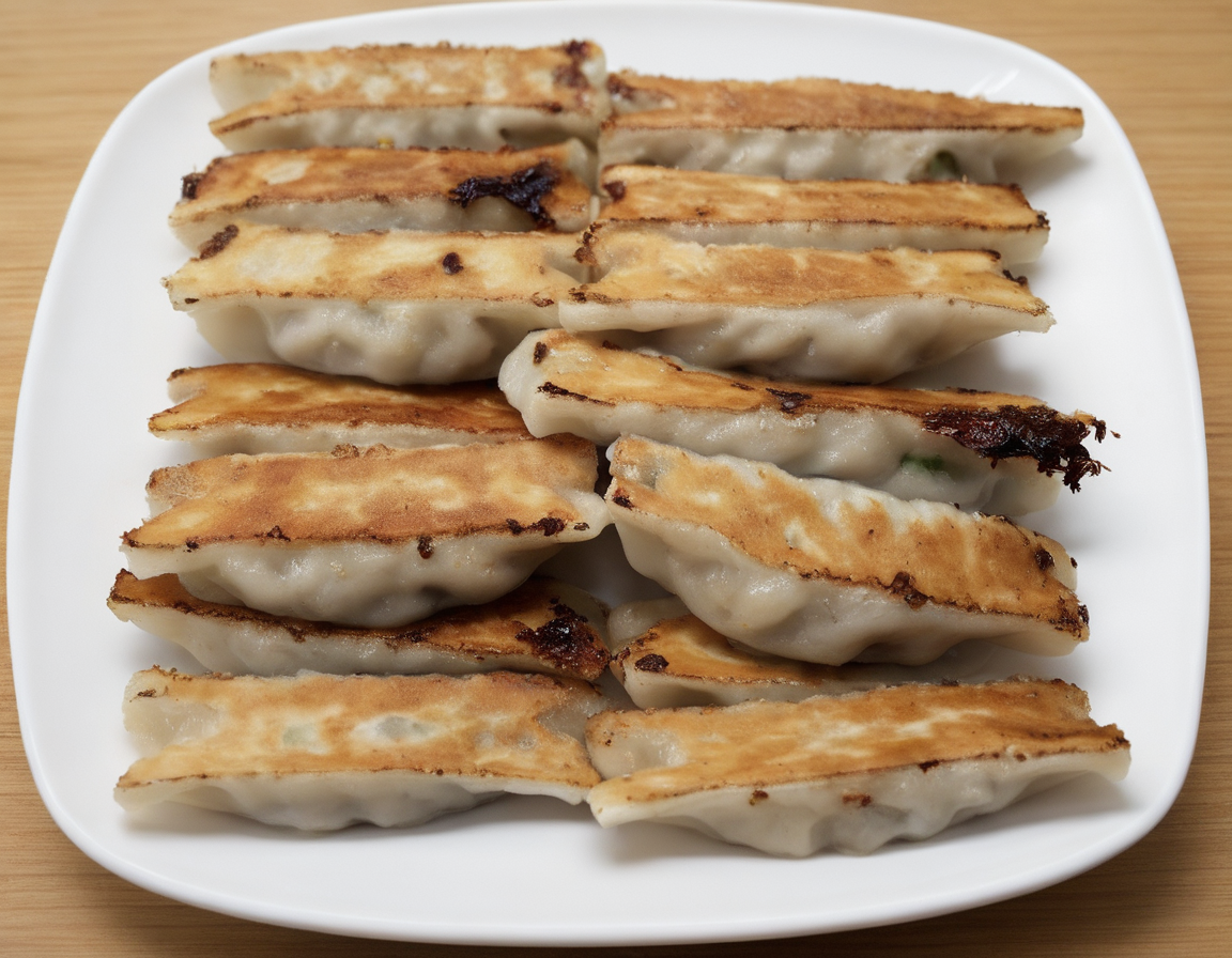 A delectable presentation of gote (dumplings) beautifully arranged on a plate. The gote are golden brown, freshly cooked with visible pleats, and garnished with herbs or a dipping sauce. The plate is set on a table with elegant tableware, perhaps with chopsticks or a traditional serving spoon. The scene should be as vivid and appetizing as a high-resolution photograph in a gourmet magazine, with warm and inviting lighting that emphasizes the texture and color of the gote , the shine of the sauce, and the elegance of the presentation, <lora:GT:0.75>,
