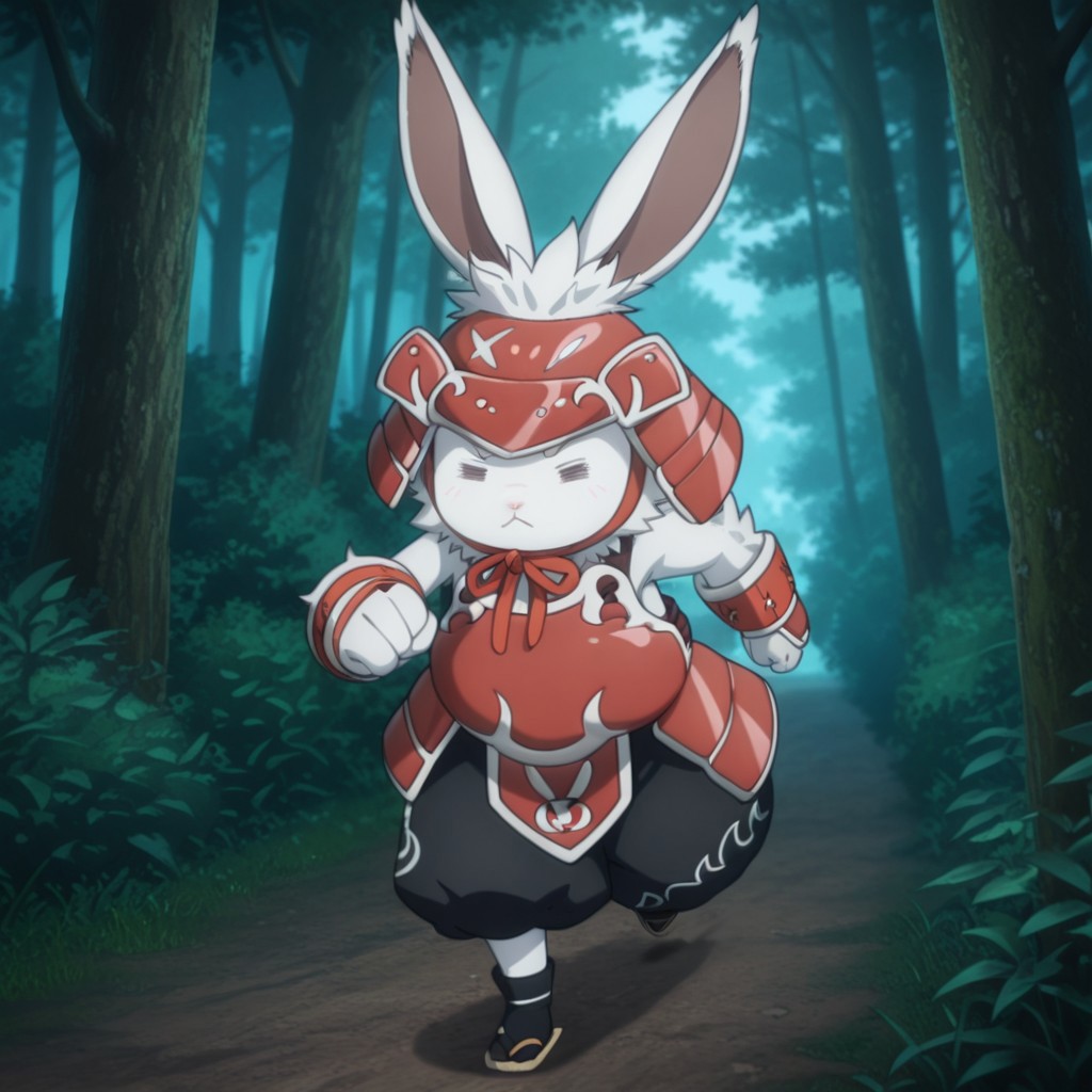 masterpiece, best quality, amazing quality, CeecrueslfIL, semi-anthro, male, rabbit, white fur, = =, red Samurai armor, red Samurai helmet, baggy black pants, white trim, black socks, tan sandals, solo,running, in forest