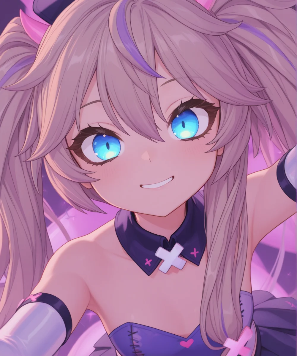 kasukabe_tsukushi,flat chest,Long eyelashes,Lower eyelashes,purple mesh bangs,Flaxen Hair,blue eye,star effect,heart effect,
iridescent belt,purple outfit,pleated skirt,nurse cap,iridescent elbow gloves,MMD,3DCG,
<lora:kasukabe_tsukushi:1>,cell look,bursting with energy,dynamic pose,extremely expressive face,cheerful wide smile,sparkling eyes,face close-up,looking directly at viewer,vibrant lighting,glowing skin,dramatic shading,soft blush,colorful sparkles,magical aura,particle effects,radiant energy trails,floating ribbons,ornate accessories,golden decorations,intricate costume design,fantasy-themed,intense depth of field,cinematic light bloom,