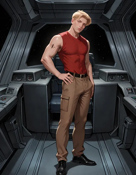 masterpiece, best quality, newest, perfect quality, best quality, detailed background, intricate details, male focus, realistic, <lora:Titan AE - Cale Tucker - Illustrious-000007:0.7>, titan_cale, 1boy, mature male, blonde hair, very short hair, hazel eyes, arm tattoo, red sleeveless shirt, belt, brown pants, black shoes, full body, realistic, spacecraft interior, cockpit, space, standing, hand on own hip, head tilt, looking at viewer