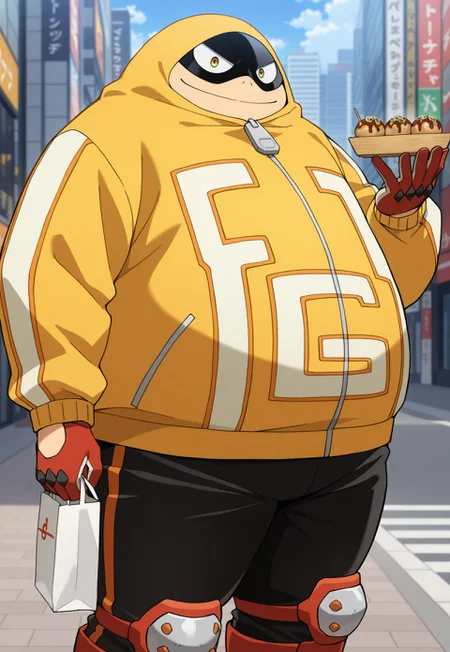 FatGum, Hood up, male, overweight, mask, yellow jacket, letters f and g on jacket, orange trim around letters, city background, day, yellow jacket, black track pants, boots, knee pads, hood up, yellow eyes, zipper pull tab, smile, red orange gloves, solo, black mask, holding takoyaki, letter G on jacket, city street, orange and red boots, tall very tall,