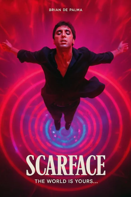 cinematic poster, Tony Montana suspended mid-air above the Babylon Inferno dancefloor, arms outstretched and shirt flaring as if floating in zero-gravity, eyes closed, neon club lights spinning in circular vortex below, bird’s-eye top-down shot, background a kaleidoscope of Miami reds and pinks, mood of ego death and infernal release, strobe trails and soft lens bloom, color palette of radiant magenta, club cyan, and glitch black, style reference Enter the Void meets Scarface high, SCARFACE, “THE WORLD IS YOURS…”
