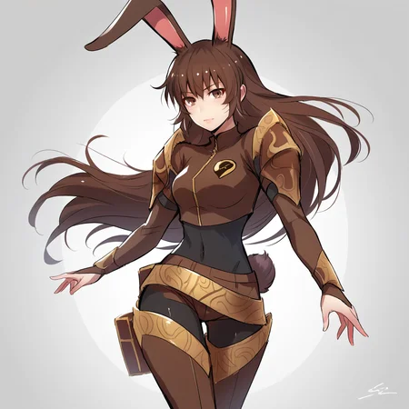 score_9, score_8_up, score_7_up, score_6_up, score_5_up, score_4_up, zPDXL2,1girl, solo, cowboy shot, <lora:Velvet_Scarlatina_-_RWBY:0.8> velvet_rwby, rabbit ears, brown hair, rabbit tail, thighhigh boots, black body suit, brown armor