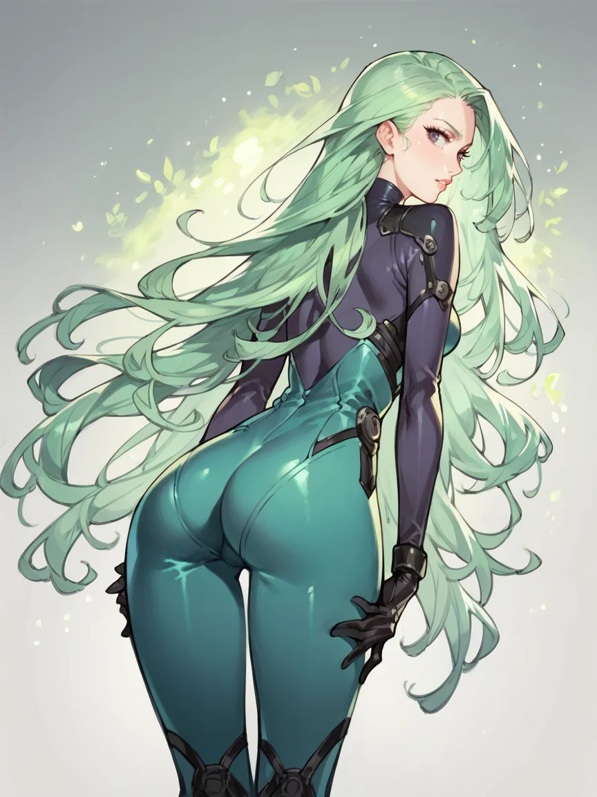 score_9, score_8_up, score_7_up, score_6_up, score_5_up, <lora:4t4rXLP:0.8> 4t4r, 1girl, from behind, ass, looking back, long hair, bodysuit,