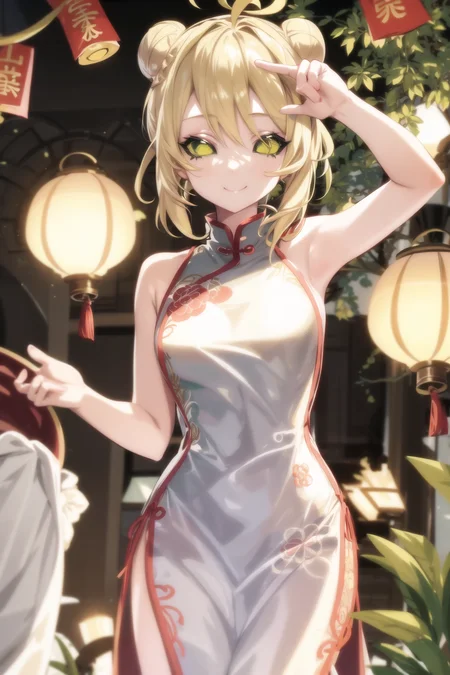 (solid eyes), colored sclera, green eyes, blonde hair, single hair bun, china dress, paper lantern, <lora:Solid Eyes V6:0.6>