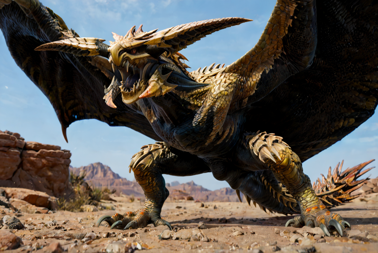 source_furry, score_9, score_8_up, score_7_up, (reydau_wilds, wyvern, feral), scalie, yellow scales, black underbelly, black scales, horns, fangs, teeth, sharp teeth, amber eyes, detailed eyes, long neck, spikes, claws, tail, spiked tail, winged arms, wings, <lora:MH_ReyDauPony:0.8>, outdoors, desert setting, from below, look at viewer, looking angry, open mouth, roaring, spreading wings, <lora:Add_DetailedEyesPony:0.8>, <lora:add-detail-xl:0.8>, zPDXL2, zPDXLpg, zPDXLrl, best quality, highly detailed, extreme details, masterpiece, photorealistic, hyperrealistic, ultra realistic, hdr, 4k, uhd, ray tracing, shaded