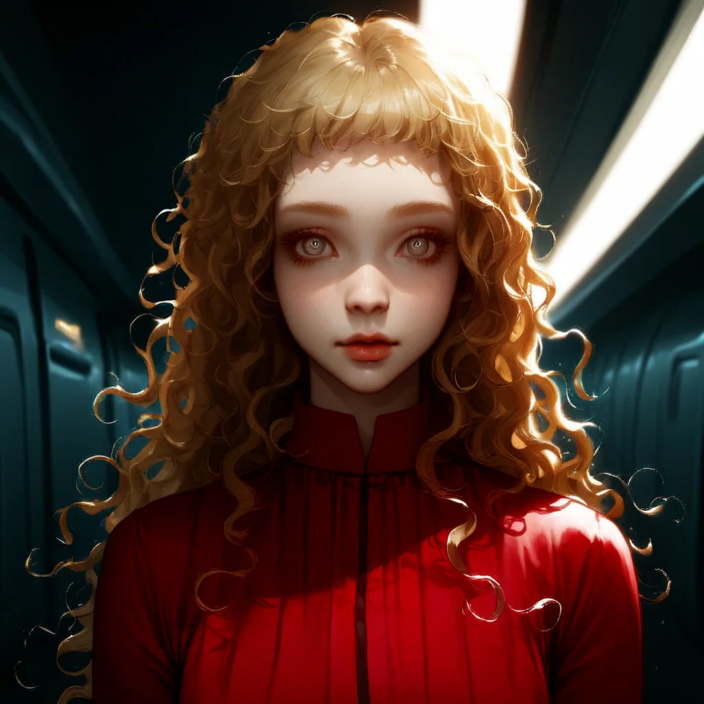 masterpiece, best quality, very aesthetic, kukrushka, 1girl, blonde hair, long hair, grey eyes, solo, lips, wavy hair, red dress, young, (realistic:0.1), spaceship interior, A menacing girl with dangerously narrowing eyes, depicted in a chiaroscuro style reminiscent of Caravaggios dramatic lighting, exuding a murderous aura of horror and malice
