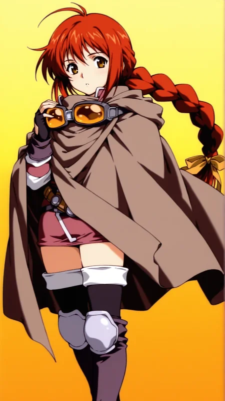 source_anime, general, best quality, masterpiece, 1girl, <lora:honey_B_ill:1> honey_b\(gbattle\),braid, red hair,long hair,single braid,brown eyes,cloak,goggles, fingerless gloves,hair ribbon, thighhighs, knee boots,