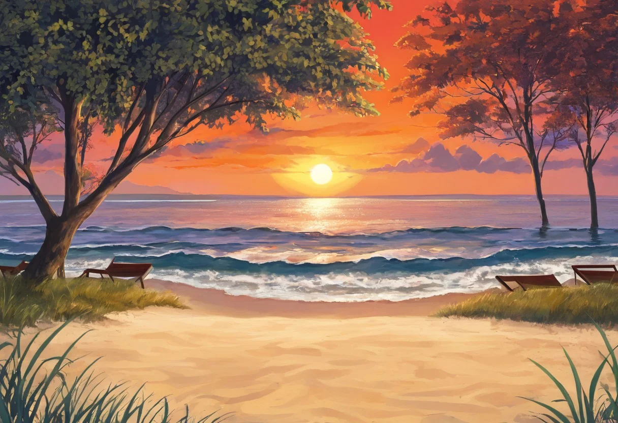 "beautiful evening beach scene on the southern coast of Russia in the style of 'Everlasting Summer', stunning red sunset, vivid red and orange hues in the sky, soft warm light reflecting off the gentle waves, a few lush green birch trees to the side, golden sandy shore, scattered seashells glistening in the fading light, calming and serene atmosphere, soft breeze rustling through the leaves, distant seagulls flying over the horizon, small bonfire with warm glow illuminating the sand, cozy beach chairs and a surfboard leaning against a birch tree, a couple of lanterns casting soft shadows, gentle lapping of waves on the shore, romantic and inviting ambiance, highly detailed, vibrant colors, ultra-high-definition, cinematic composition, digital painting, visual novel style, inspired by 'Everlasting Summer'"